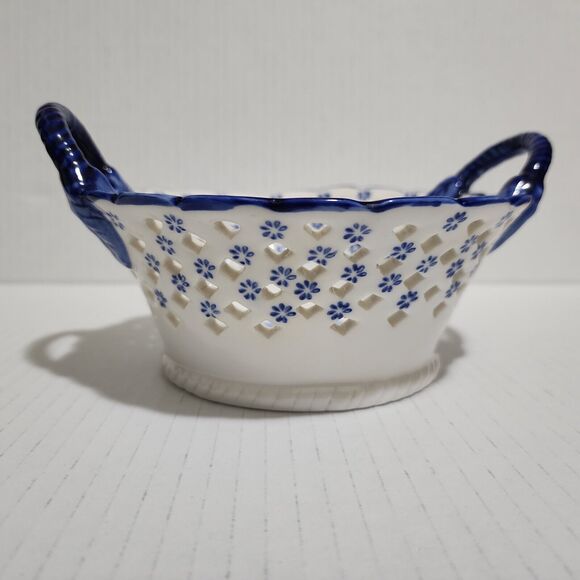 Blue White Pottery Reticulated Handpainted Candy Dish Windmill Delft Style China - Picture 5 of 8